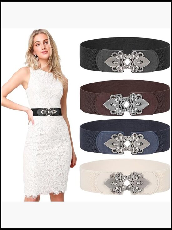 4 Pack Women Wide Elastic Waist Belt Vintage Stretch Belt Retro Buckle main image 5
